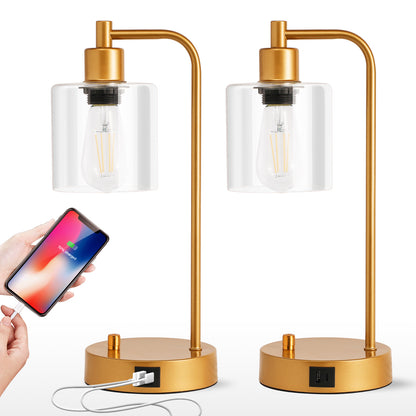 Homelist Gold Bedside Lamp Set of 2,Dimmable Industrial LED Table Lamps Nightstand Beside Reading Desk Lamp with USB Charging Port, Glass Shade for Bedroom Living Room Home Office,Gift for Friend