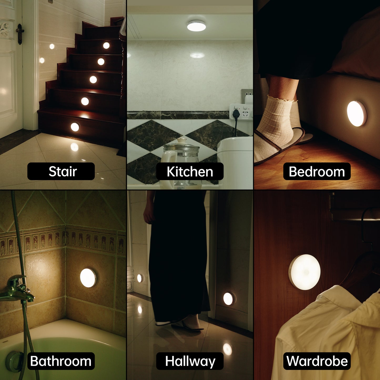 Homelist Indoor Motion Sensor Lights with Remote Control, 6-Pack Stair Night Lights Battery Powered Under Cabinet Lighting, 3 Color Temperature Rechargeable Puck Lights for Kitchen Closet Hallway Stairway Aisle